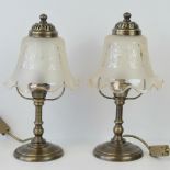 A pair of delightful contemporary brass table lamps with acid etched 'handkerchief bell' shades,