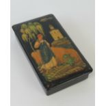 A Russian black lacquer papier mache rectangular box,