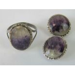 A suite of Sterling silver and blue john agate stone jewellery comprising clip on earrings and ring,