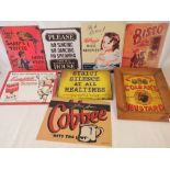 Eight assorted contemporary vintage-style tin plate signs.