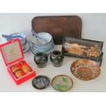 A cased Chinese cork diorama of a pagoda and bridge, a pair of small cloisonne vases (a/f),