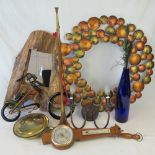 A rustic treen framed mirror, barometer, blue glass vase, decorative warming pan, etc, eight items.