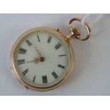 A 14ct rose gold fob watch, top wind, white enamel dial with gilt dot chapter ring,