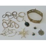 A quantity of silver and white metal jewellery including; filigree bracelet,