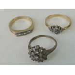 Three silver rings; one hallmarked with white stones in a diamond shape, size O-P,