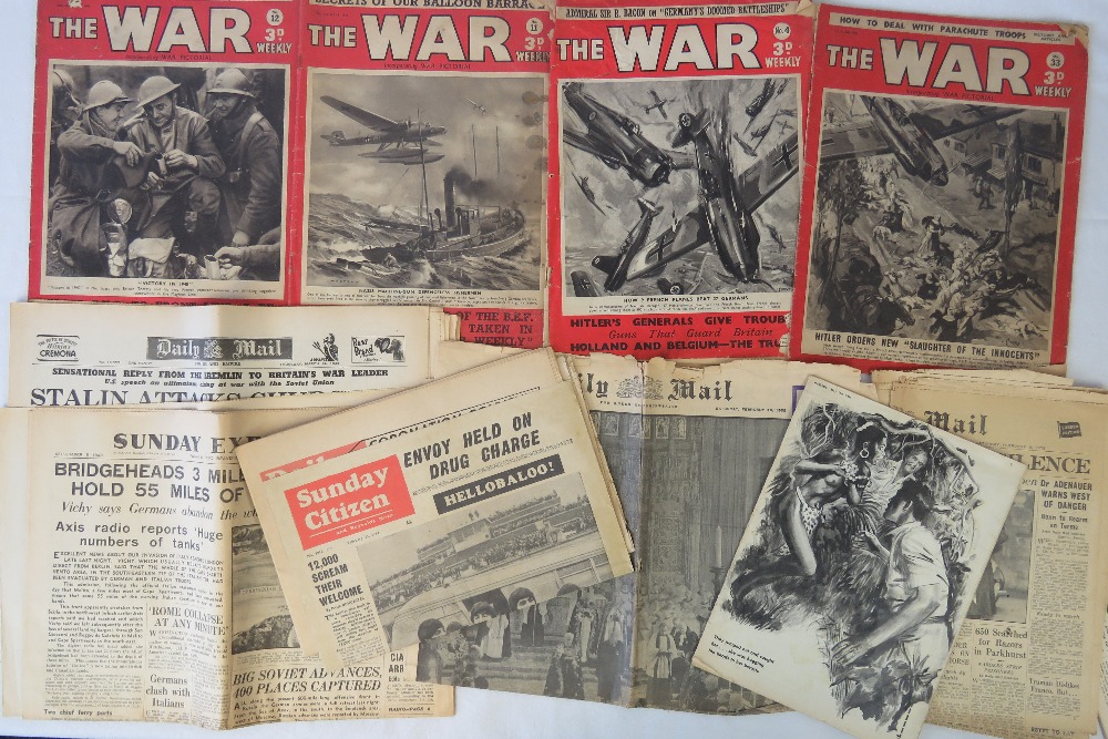 Three 'The War Weekly' magazines c1940, together with a number of vintage newspapers.