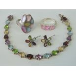 A HM silver multi-gem set bracelet, 18.5cm in length, with matched 925 silver earrings.