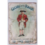 A vintage cardboard and paper advertising sign for 'Globe' metal polish 'the Lord Mayors Coachman