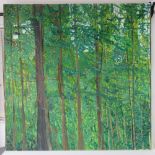 A large contemporary oil on canvas depicting a leaf filled forest scene entitled 'Becalmed',