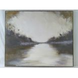 An abstract oil on canvas of a river ban