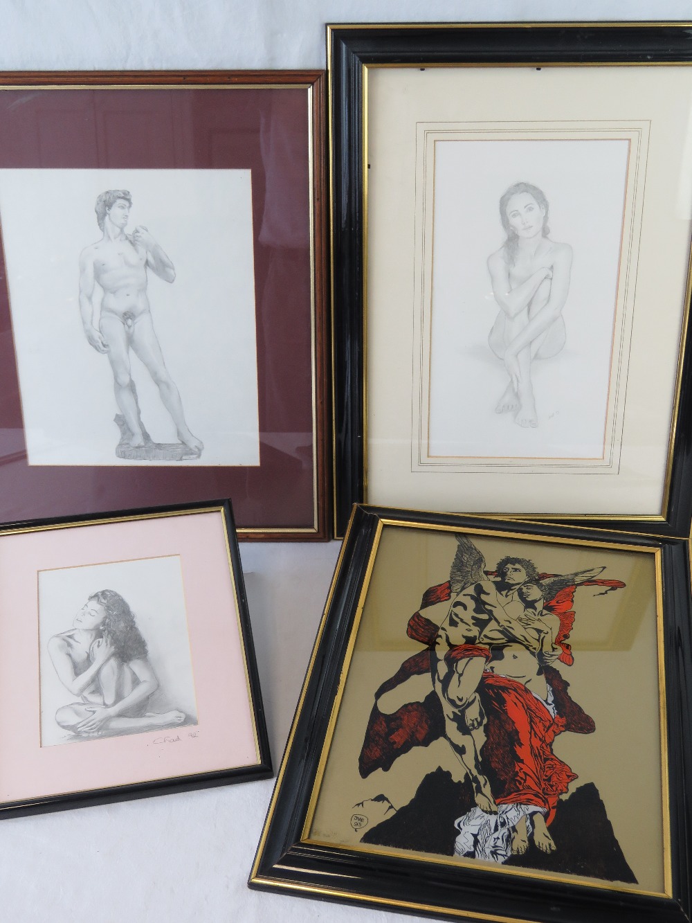 Three pencil sketches, framed and mounte