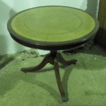 A reproduction Regency style tilt top circular table having inset leather surface,