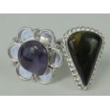 Two 925 silver rings set with natural agate cabachons; one of floral design size S,