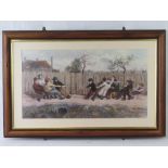 A large coloured print of a children's tug of war match, framed and glazed, 44 x 80cm.
