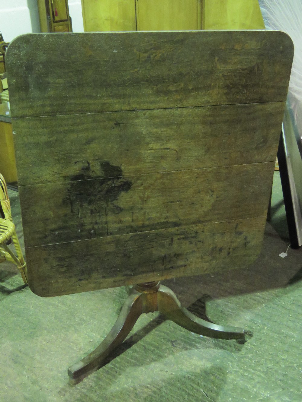 A square shaped four panel tilt top table raised over three outswept feet, 92cm wide, - Image 2 of 3