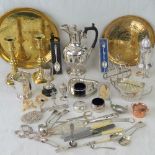 A quantity of assorted silver plated and brass wares including trays, coffee pot, sugar caster,