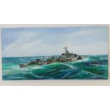 An oil painting of HMS Undine (R42) U-class destroyer by J Hollingworth, canvas on hardboard,