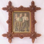 An unusual late 19th century decorative cork picture frame containing a coloured print featuring