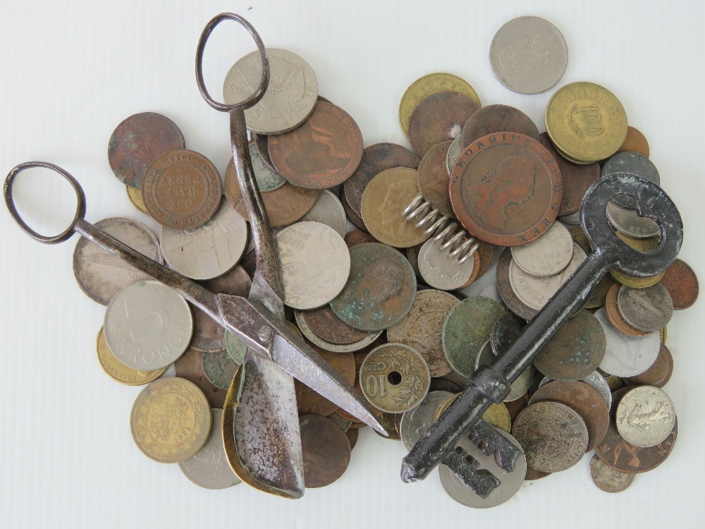 A small quantity of assorted vintage coinage including some antiquarian coins and a Georgian wheel