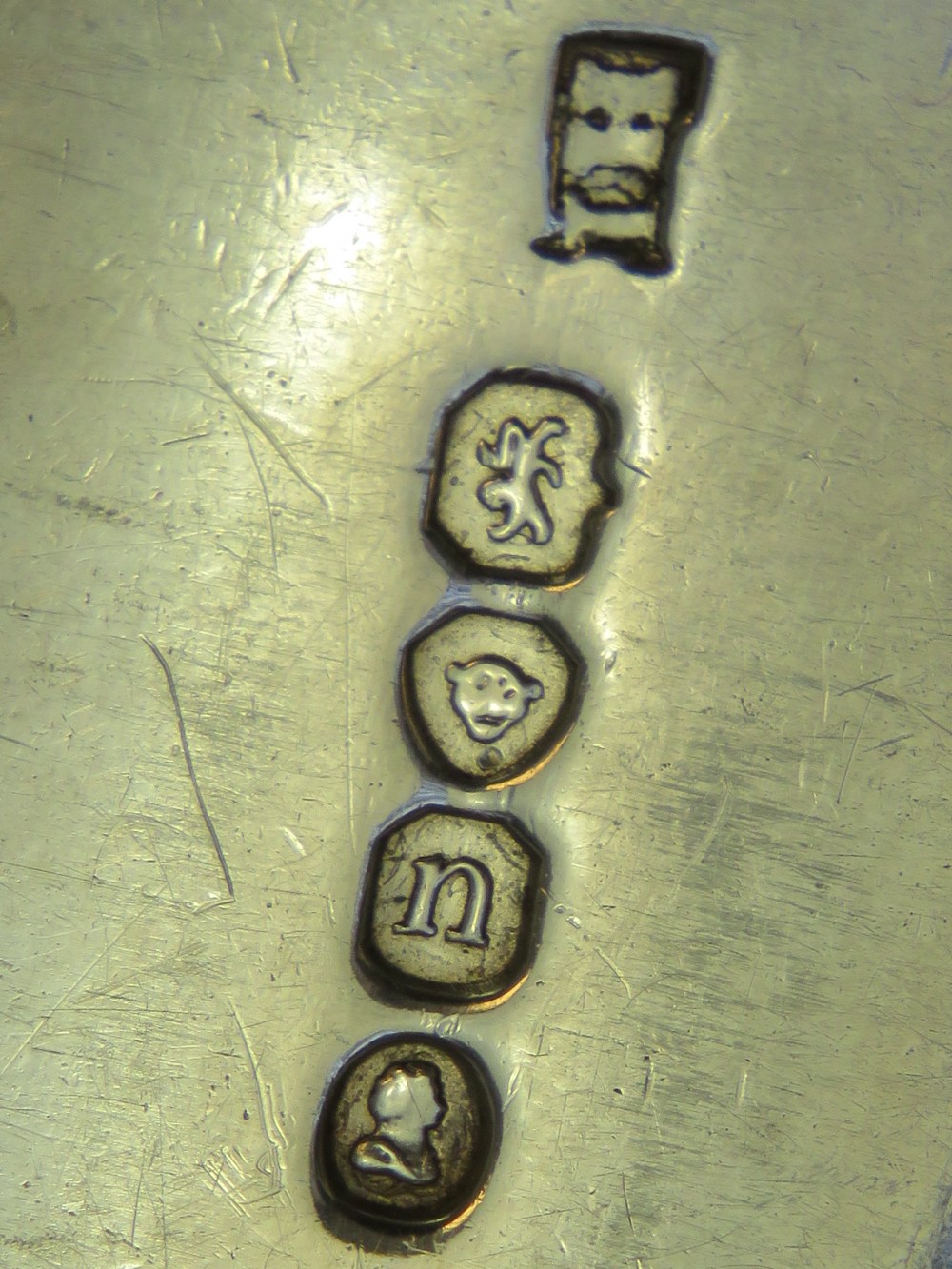 A set of six Georgian HM silver serving spoons each having a Hollier crest (dexter hand holding a - Image 3 of 3