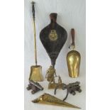 A pair of bellows having brass plaque depicting a bee upon, o brass fire shovel, brass scoop,