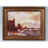 Contemporary oil on board; Dutch winter scene, frozen water, windmills and sky beyond, unsigned,
