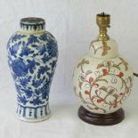 A CHinese blue and white pottery lamp base a/f having four character mark to base,