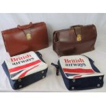 Two vintage leather briefcases and two British Airways leatherette shoulder bags. Four items.