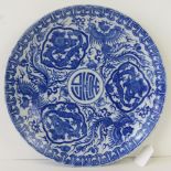 A Chinese blue and white transfer printed decorative plate having dragon and phoenix pattern upon,