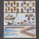 Three printed VE Day parade sheets depicting tanks, guns, parading soldiers, etc.