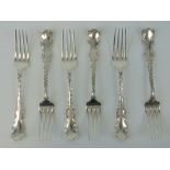 A set of six sterling silver dessert forks in Pompadour pattern by Birks, Montreal c. 1950, 8.93ozt.