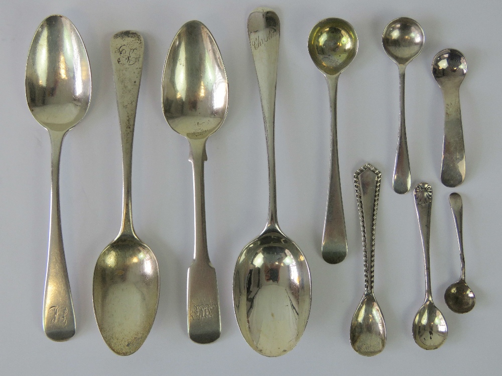 A quantity of assorted HM silver salt, mustard and tea spoons. Ten items, total weight 3.64ozt.