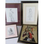 Three pencil sketches, framed and mounted, and a pen on glass drawing within frame. Four items.