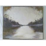 An abstract oil on canvas of a river bank, within frame, 87 x 107cm.