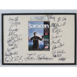 A framed and signed Saracens Vs Harlequins match programme 25th April 1999,