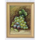 Oil on canvas; still life study of grapes and plums, signed indistinctly lower right, 29 x 22cm.