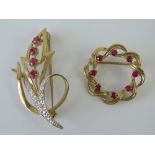 A 9ct gold ruby and diamond brooch of floral form,