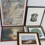 A small selection of pictures and embroidery, all framed, five items.