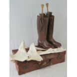 A pair of WWII British Officers brown leather boots together with two white waistcoats,