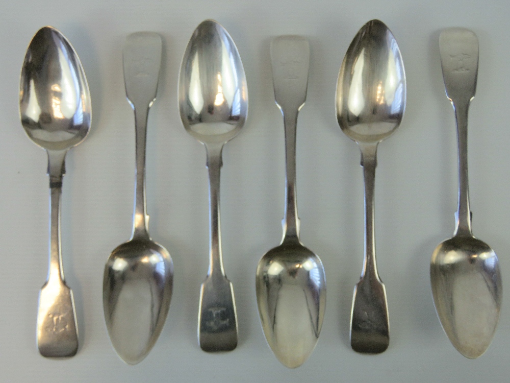 A set of six Georgian HM silver serving spoons each having a Hollier crest (dexter hand holding a