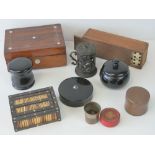 A set of 19th century bone dominoes in wooden box, a small porcupine quill box,