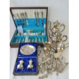 A quantity of silver plated wares including canteen of cutlery, boxed cruet set, tea service, etc.