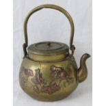 A Japanese brass teapot having applied copper decoration in the form of insects and flowers to the