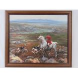 Oil on board; moorland hunting scene, plain and hills beyond, signed lower right Jacob Hunt,