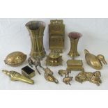 A quantity of assorted brass ware including; letter rack, horse head hook, dog figurines, inkwells,