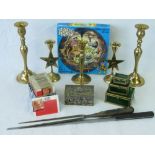 Two pairs of brass candlesticks, ham carving knife and fork, football cards, etc.