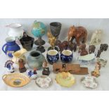 A quantity of assorted ceramics and collectables including; carved wooden elephants,