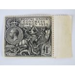 Stamp; a GB George V 1929 Postal Union Congress (PUC) London £1 black stamp,