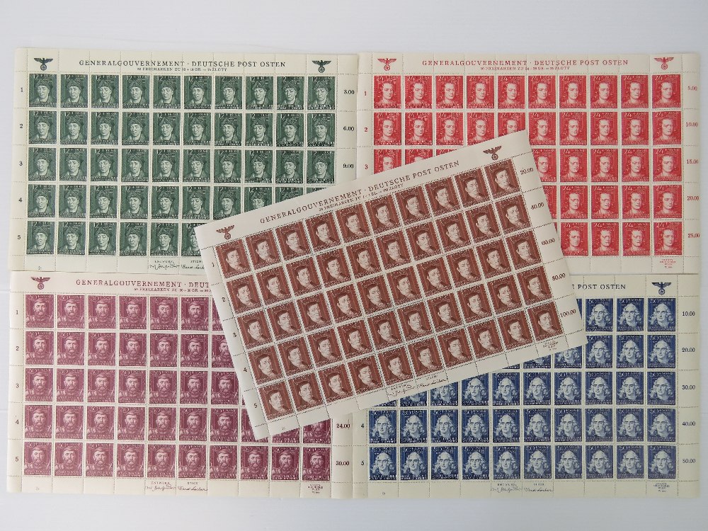 Five full uncut sheets of WWII German stamps; 12+18GR, 24+26GR, 30+30GR, 50+50GR, and 1+1GR.