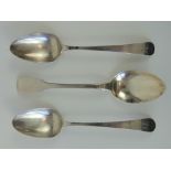 A pair of Georgian HM silver serving spoons, London 1782 hallmarks, makers mark for Charles Hougham.
